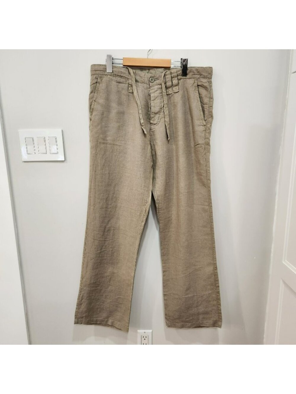 Vintage Organic Linen Pants Mens 36x32 Beige Drawstring Button Fly Summer